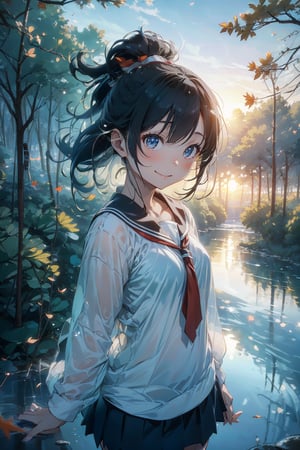 anime style beautiful woman, 1girl, (ponytail), black hair, (long hair), (smile), (((Landscape, sky, blurry, tree, autumn, water falls, river, stunning aesthetics, sunlight, majestic forest, beautiful and detailed image, reflection, sunset, 8k,detail,midjourney,pastelbg))), upper body, 
Slender, skinny, (turime), thick eyebrows, 
(school uniform), (sailor uniform), ((red sailor tie)), (white sailor blouse), 
vibrant colors, sharp focus, best quality, depth of field, cinematic lighting, (illustration, 8k CG, extremely detailed), ultra-detailed, high resolution, firefliesfireflies, perfect light, 
stylish pose, 8k, very clear, highest quality, high resolution. best quality, illustration, sax blue, 1girl, cute, (dynamic lighting:1.2), cinematic lighting, delicate facial features, detailed eyes, sharp pupils, realistic pupils, depth of field, bokeh, sharp focus, (hyper-detailed, bloom, glow:1.4), many small gems
