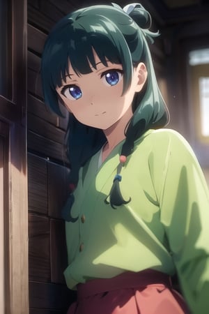 maomao, long hair, bangs, blue eyes, hair ornament, green hair, blunt bangs, freckles, hair bun, 1girl in full growth, best quality, 
embarrassed, cat ears, 
green robe, long sleeves, wide sleeves, skirt, red skirt, full body, 
masterpiece, ultra-detailed, high quality, perfect nose, highly detailed skin, warm skin tone, defiance512, RAW photo, best quality, high resolution, (masterpiece), dreamlike, dreamy, modelshoot style, analog style, tonemapping, photorealistic, professional photography, sharp focus, HDR, 8K resolution, intricate detail, sophisticated detail, hyper detailed, (depth of field), highlight and shadow, volumetric lighting, cinematic bloom, professional light, looking at viewer, blotchy,
