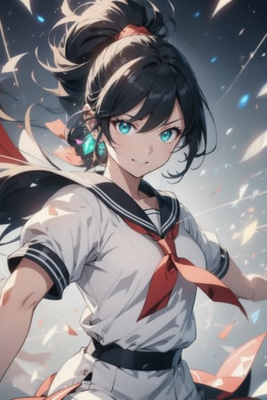 anime style beautiful woman, 1girl, (ponytail), black hair, (long hair), 
(smile), 
Slender, skinny, (turime), thick eyebrows, 
(school uniform), (sailor uniform), ((red sailor tie)), (white sailor blouse), 
(((fighting stance, motion blur, speed line, arm lift, arm up))), 
vibrant colors, sharp focus, best quality, depth of field, cinematic lighting, (illustration, 8k CG, extremely detailed), ultra-detailed, high resolution, firefliesfireflies, perfect light, 
stylish pose, 8k, very clear, highest quality, high resolution. best quality, illustration, sax blue, 1girl, cute, (dynamic lighting:1.2), cinematic lighting, delicate facial features, detailed eyes, sharp pupils, realistic pupils, depth of field, bokeh, sharp focus, (hyper-detailed, bloom, glow:1.4), many small gems,1boy grey hair green eyes earrings,aausagi,sfr1v,7thharmandquant,rushpunch