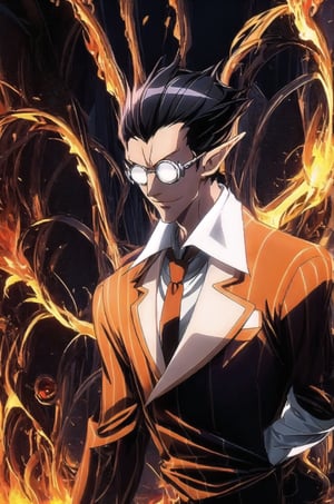 ((masterpiece))),best quality, illustration, 
Demiurge, orange suit, orange trouser, Orange Necktie, Silver Round Glasses, short hair, pointy ears, black hair, Diamond Eyes, long metal tail,  black gloves, demiurge, 
upper body, fire, glowing forehead