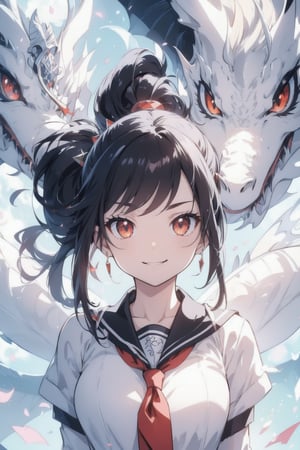 anime style beautiful woman, 1girl, (ponytail), black hair, (long hair), (smile),
Slender, skinny, (turime), thick eyebrows, 
(school uniform), (sailor uniform), ((red sailor tie)), (white sailor blouse), 
 (((black dragon, accentuating the visual allure of this unique fusion of ancient legend and modern hacking in the dragon's realm))), 
vibrant colors, sharp focus, best quality, depth of field, cinematic lighting, (illustration, 8k CG, extremely detailed), ultra-detailed, high resolution, firefliesfireflies, perfect light, 
stylish pose, 8k, very clear, highest quality, high resolution. best quality, illustration, sax blue, 1girl, cute, (dynamic lighting:1.2), cinematic lighting, delicate facial features, detailed eyes, sharp pupils, realistic pupils, depth of field, bokeh, sharp focus, (hyper-detailed, bloom, glow:1.4), many small gems,leviathandef,dragonbaby