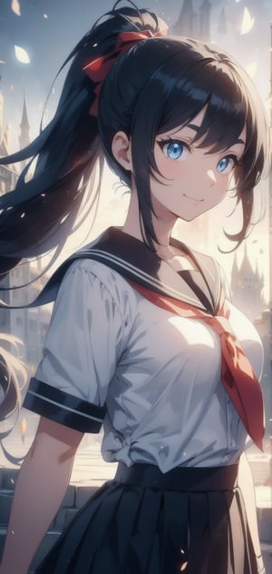 anime style beautiful woman, 1girl, (ponytail), black hair, (long hair), (smile), (beach), (castle hall, city ​​street,（square：1.3）,stairs, ruins, pillar, scenery, Castle ruins in the background,cinematic lighting),  
Slender, skinny, (turime), thick eyebrows, 
(school uniform), (sailor uniform), ((red sailor tie)), (white sailor blouse), 
vibrant colors, sharp focus, best quality, depth of field, cinematic lighting, (illustration, 8k CG, extremely detailed), ultra-detailed, high resolution, firefliesfireflies, perfect light, 
stylish pose, 8k, very clear, highest quality, high resolution. best quality, illustration, sax blue, 1girl, cute, (dynamic lighting:1.2), cinematic lighting, delicate facial features, detailed eyes, sharp pupils, realistic pupils, depth of field, bokeh, sharp focus, (hyper-detailed, bloom, glow:1.4), many small gems,Beautiful Beach,rain,niji,light,no_humans,DonMSn0wM4g1c