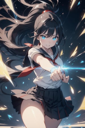 anime style beautiful woman, 1girl, (ponytail), black hair, (long hair), 
(smile), 
Slender, skinny, (turime), thick eyebrows, 
(school uniform), (sailor uniform), ((red sailor tie)), (white sailor blouse), 
 ((rushpunch, punching, clenched hands, oreshortening, incoming attack, aura, afterimage, motion lines, speed lines, motion_blur,  energy, glowing,)), 
vibrant colors, sharp focus, best quality, depth of field, cinematic lighting, (illustration, 8k CG, extremely detailed), ultra-detailed, high resolution, firefliesfireflies, perfect light, 
stylish pose, 8k, very clear, highest quality, high resolution. best quality, illustration, sax blue, 1girl, cute, (dynamic lighting:1.2), cinematic lighting, delicate facial features, detailed eyes, sharp pupils, realistic pupils, depth of field, bokeh, sharp focus, (hyper-detailed, bloom, glow:1.4), many small gems,rushpunch