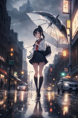 anime style beautiful woman, 1girl, (ponytail), black hair, (long hair), (smile), (((outdoors, night, umbrella, ground vehicle, building, scenery, motor vehicle, reflection, rain, city, sign, car, road, lamppost, street, traffic light, crosswalk, real world location, vanishing point, pastelbg, ninjascroll))), upper body, 
Slender, skinny, (turime), thick eyebrows, 
(school uniform), (sailor uniform), ((red sailor tie)), (white sailor blouse), 
vibrant colors, sharp focus, best quality, depth of field, cinematic lighting, (illustration, 8k CG, extremely detailed), ultra-detailed, high resolution, firefliesfireflies, perfect light, 
stylish pose, 8k, very clear, highest quality, high resolution. best quality, illustration, sax blue, 1girl, cute, (dynamic lighting:1.2), cinematic lighting, delicate facial features, detailed eyes, sharp pupils, realistic pupils, depth of field, bokeh, sharp focus, (hyper-detailed, bloom, glow:1.4), many small gems,watercolor