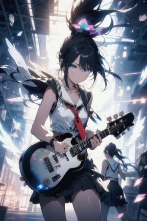 anime style beautiful woman, (1girl), (ponytail), black hair, (long hair), 
Slender, skinny, (turime), thick eyebrows, 
(school uniform), (sailor uniform), ((red sailor tie)), (white sailor blouse), cleavage cutout, navel,  sleeveless, bare shoulders, 
(((guitar, instrument, electric guitar, bass guitar, amplifier, gibson les paul, drum, acoustic guitar, speaker))), 
vibrant colors, sharp focus, best quality, depth of field, cinematic lighting, (illustration, 8k CG, extremely detailed), ultra-detailed, high resolution, firefliesfireflies, perfect light, 
stylish pose, 8k, very clear, highest quality, high resolution. best quality, illustration, sax blue, 1girl, cute, (dynamic lighting:1.2), cinematic lighting, delicate facial features, detailed eyes, sharp pupils, realistic pupils, depth of field, bokeh, sharp focus, (hyper-detailed, bloom, glow:1.4), many small gems