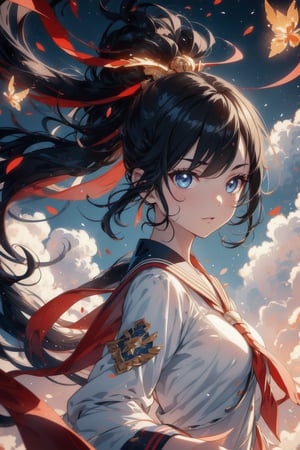 anime style beautiful woman, 1girl, (ponytail), black hair, (long hair), 
glowwave, 
Slender, skinny, (turime), thick eyebrows, 
(school uniform), (sailor uniform), ((red sailor tie)), (white sailor blouse), 
vibrant colors, sharp focus, best quality, depth of field, cinematic lighting, (illustration, 8k CG, extremely detailed), ultra-detailed, high resolution, firefliesfireflies, perfect light, 
stylish pose, 8k, very clear, highest quality, high resolution. best quality, illustration, sax blue, 1girl, cute, (dynamic lighting:1.2), cinematic lighting, delicate facial features, detailed eyes, sharp pupils, realistic pupils, depth of field, bokeh, sharp focus, (hyper-detailed, bloom, glow:1.4), many small gems,breakdomain,glowwave,Fairy in Clouds,light