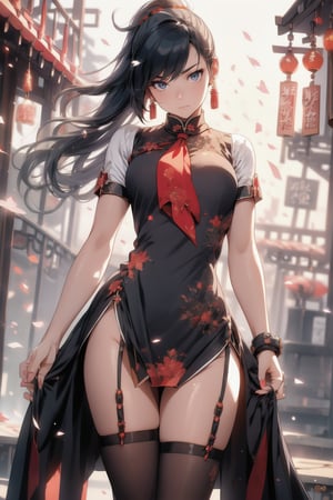 anime style beautiful woman, 1girl, (ponytail), black hair, (long hair), 
Fashion cheongsam, 
Slender, skinny, (turime), thick eyebrows, 
(school uniform), (sailor uniform), ((red sailor tie)), (white sailor blouse), 
vibrant colors, sharp focus, best quality, depth of field, cinematic lighting, (illustration, 8k CG, extremely detailed), ultra-detailed, high resolution, firefliesfireflies, perfect light, 
stylish pose, 8k, very clear, highest quality, high resolution. best quality, illustration, sax blue, 1girl, cute, (dynamic lighting:1.2), cinematic lighting, delicate facial features, detailed eyes, sharp pupils, realistic pupils, depth of field, bokeh, sharp focus, (hyper-detailed, bloom, glow:1.4), many small gems