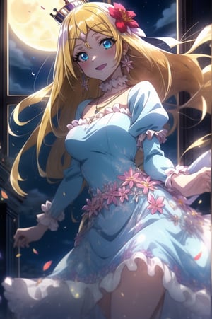 score_9, score_8_up, score_7_up, source_anime, rennertheierechardelonrylevaiself, , renner theiere chardelon ryle vaiself, long hair, blue eyes, blonde hair, hair ornament, very long hair, flower, hair flower, light smile, too much blushing, long sleeves, dress, jewelry, puffy sleeves, necklace, blue dress, crown, princess, frills, indoors, night, night sky, moonlight, moon, curtains, window, looking at viewer, darkness, night, (((FULL MOON))), big moon,  