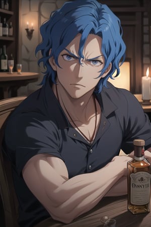 Brain Unglaus, Overlord, 1boy, solo, wavy hair, blue hair, 
masterpiece, best quality, ultra-detailed, glowing light, (detailed background, complex background:1.2), (perfect face, detailed face), upper body, sitting, bar, saloon, serious face, Liquor, bottle, glass, one CANDLE on table, 
