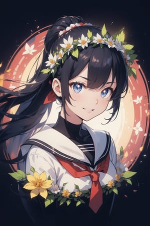 anime style beautiful woman, 1girl, (ponytail), black hair, (long hair), 
(smile), (((Flower Wreath,Circle, Art, portrait, simple background))), 
Slender, skinny, (turime), thick eyebrows, 
(school uniform), (sailor uniform), ((red sailor tie)), (white sailor blouse), 
vibrant colors, sharp focus, best quality, depth of field, cinematic lighting, (illustration, 8k CG, extremely detailed), ultra-detailed, high resolution, firefliesfireflies, perfect light, 
stylish pose, 8k, very clear, highest quality, high resolution. best quality, illustration, sax blue, 1girl, cute, (dynamic lighting:1.2), cinematic lighting, delicate facial features, detailed eyes, sharp pupils, realistic pupils, depth of field, bokeh, sharp focus, (hyper-detailed, bloom, glow:1.4), many small gems