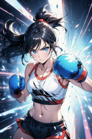 Paris Olympics, (((boxcing))), 
anime style beautiful woman, 1girl, (ponytail), black hair, (long hair), 
Slender, skinny, (turime), thick eyebrows, 
Blue tank top, boxing girl, white short pants, (((red boxing gloves))),  
abs, ((rushpunch, punching, oreshortening, incoming attack, aura, afterimage, motion lines, speed lines, motion_blur)), ((((punching, fighting stance, motion blur))),

((Olympic Stadium, indoors, crowd in distant stands, stadium, olympic venues)),
Olympic Stadium, (boxcing ring), indoors,
vibrant colors, sharp focus, best quality, depth of field, cinematic lighting, (illustration, 8k CG, extremely detailed), ultra-detailed, high resolution, firefliesfireflies, perfect light, 
8k, very clear, highest quality, high resolution. best quality, illustration, sax blue, 1girl, cute, (dynamic lighting:1.2), cinematic lighting, delicate facial features, detailed eyes, sharp pupils, realistic pupils, depth of field, bokeh, sharp focus, (hyper-detailed, bloom, glow:1.4), many small gems, Midjourney