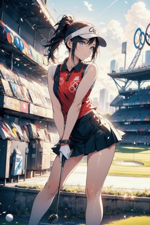 Paris Olympics, (((golf))), 
anime style beautiful woman, 1girl, (ponytail), black hair, (long hair), 
Slender, skinny, (turime), thick eyebrows, 
looking viewer, facing viewer, motion lines, stadium, olympic venues, 
 sports shorts, athletes uniforms, visor cap, polo shirt, sleeveless, skirt, 
 tight_clothes, 
((olympic rings symbol)), 
((bend forward)),((playing golf)), ((holding golf club)), ((golf course)), bent over, leaning forward, olympic rings, 
Olympic Stadium, stage, Midjourney,
