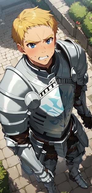 Climb, score_9, score_8_up, score_7_up, cute, masterpiece, best quality, best aesthetic, 1boy, ((solo)), male focus, blonde hair, blue eyes, short-hair, armor, gauntlets, shoulder armor, pauldrons, breastplate, armored boots, Grinding of teeth, sweat on forehead, clenched fists, arm up, outdoors,  from above, 