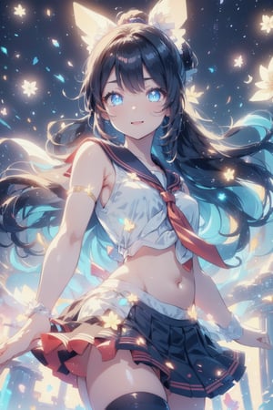 anime style beautiful woman, (1girl), (ponytail), black hair, (long hair), 
(smile), 
Slender, skinny, (turime), thick eyebrows, 
(school uniform), (sailor uniform), ((red sailor tie)), (white sailor blouse), cleavage cutout, navel,  sleeveless, bare shoulders, 
vibrant colors, sharp focus, best quality, depth of field, cinematic lighting, (illustration, 8k CG, extremely detailed),
8k, very clear, highest quality, high resolution. best quality, illustration, sax blue, 1girl, cute, (dynamic lighting:1.2), cinematic lighting, delicate facial features, detailed eyes, sharp pupils, realistic pupils, depth of field, bokeh, sharp focus, (hyper-detailed, bloom, glow:1.4), many small gems