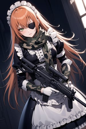 score_9, score_8_up, score_7_up, score_6_up, rating_explicit, masterpiece, best quality, beautiful lighting, 
1girl, solo, cz2128_delta \(overlord\), long hair, orange hair, green eyes, eyepatch,
maid, dress, maid headdress, camouflage, green scarf, gloves, boots, 
(holding assault rifle:1.3), serious face, looking at viewer, shooting, upper body, dutch angle, 