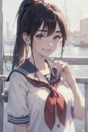 anime style beautiful woman, 1girl, (ponytail), black hair, (long hair), 
(smile), 
Slender, skinny, (turime), thick eyebrows, 
(school uniform), (sailor uniform), ((red sailor tie)), (white sailor blouse), 
beautiful woman, highest quality, high resolution, best quality, highest quality, high resolution, 18-year-old girl, light smile, perfect shiny skin, fair skin, flawless skin, solo, sweat, simple_background, RAW photo, highest quality, High detail RAW color photo professional photo, realistic, photo realism, highest quality, best shadow, best illustration, ultra high resolution, highly detailed CG unified 8K wallpapers, physics-based rendering, depth of field, cinematic lighting, 8k, 16k