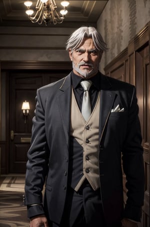 Sebas, 1boy, 50yo old man, hair_slicked silverglay hair glaybeard glay mustache glay facial hair curtained hair, glay eyes, stocky muscular, muscularity, black suit, black collared shirt, glay necktie, white glove, entrance chandelier, light smile