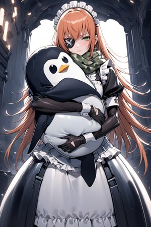 score_9, score_8_up, score_7_up, score_6_up, rating_explicit, masterpiece, best quality, beautiful lighting, 1girl, solo, cz2128_delta \(overlord\), long hair, orange hair, green eyes, eyepatch, maid, dress, maid headdress, camouflage, green scarf, gloves, boots, (((embrace gigantic Stuffed Penguin in arms))), serious face, looking at viewer, 