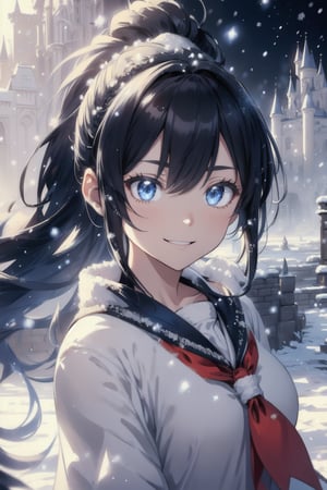 anime style beautiful woman, 1girl, (ponytail), black hair, (long hair), (smile), (((path leading to castle in background. scene takes place in winter. snow. cold. very low temperature. cold fog))),
Slender, skinny, (turime), thick eyebrows, 
(school uniform), (sailor uniform), ((red sailor tie)), (white sailor blouse), 
vibrant colors, sharp focus, best quality, depth of field, cinematic lighting, (illustration, 8k CG, extremely detailed), ultra-detailed, high resolution, firefliesfireflies, perfect light, 
stylish pose, 8k, very clear, highest quality, high resolution. best quality, illustration, sax blue, 1girl, cute, (dynamic lighting:1.2), cinematic lighting, delicate facial features, detailed eyes, sharp pupils, realistic pupils, depth of field, bokeh, sharp focus, (hyper-detailed, bloom, glow:1.4), many small gems,salttech