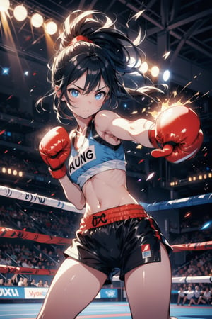 Paris Olympics, (((boxcing))), 
anime style beautiful woman, 1girl, (ponytail), black hair, (long hair), 
Slender, skinny, (turime), thick eyebrows, 
Blue tank top, boxing girl, white short pants, ((red boxing gloves)),  
abs, ((rushpunch, punching, clenched hands, oreshortening, incoming attack, aura, afterimage, motion lines, speed lines, motion_blur,  energy, glowing,)), ((((punching, fighting stance, motion blur, speed line))),

((Olympic Stadium, indoors, crowd in distant stands, stadium, olympic venues)),
Olympic Stadium, (boxcing ring), indoors,
vibrant colors, sharp focus, best quality, depth of field, cinematic lighting, (illustration, 8k CG, extremely detailed), ultra-detailed, high resolution, firefliesfireflies, perfect light, 
8k, very clear, highest quality, high resolution. best quality, illustration, sax blue, 1girl, cute, (dynamic lighting:1.2), cinematic lighting, delicate facial features, detailed eyes, sharp pupils, realistic pupils, depth of field, bokeh, sharp focus, (hyper-detailed, bloom, glow:1.4), many small gems, Midjourney