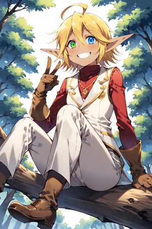 Aura Bella Fiora \(overlord\), 1girl, solo, short hair, blonde hair, hair between eyes, blue eyes, green eyes, heterochromia, pointy ears, dark skin, elf, ahoge, 
red shirt, long sleeves, brown gloves, jewelry, white vest, white pants, brown footwear, 
smile, giggling, fingersmile, 
forest, upper body, Sitting on a tree branch. double Peace sign, 
score_9,score_8_up,score_7_up,source_anime, from below, leaning forward, dutch angle, 