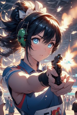 Paris Olympics, (((pistol shooting))), Olympic shooting competition,
anime style beautiful woman, 1girl, (ponytail), black hair, (long hair), 
Slender, skinny, (turime), thick eyebrows, 

((firing range)),(holding air handgun), outstretched arm,muzzle flash,aiming at viewer and target, player uniform, sleeveless, sports shorts, ((ear defenders)), fingerless gloves, olympic games venue, wind, standing, 
((face)), (close up), (((holding gun))), aiming, 

vibrant colors, sharp focus, best quality, depth of field, cinematic lighting, (illustration, 8k CG, extremely detailed), ultra-detailed, high resolution, firefliesfireflies, perfect light, 
8k, very clear, highest quality, high resolution. best quality, illustration, sax blue, 1girl, cute, (dynamic lighting:1.2), cinematic lighting, delicate facial features, detailed eyes, sharp pupils, realistic pupils, depth of field, bokeh, sharp focus, (hyper-detailed, bloom, glow:1.4), many small gems, Midjourney
