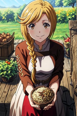 ((Bounty, harvest)), ((surrounded by nuts, Vegetables, Grains, dried meat)), Enri Emmot, beutiful woman, 1girl, solo, smile, score_9, score_8_up, score_7_up, source_anime, best quality, masterpiece, 1girl, enri emmot, overlord, brown eyes, blonde hair, facing viewer, beautiful lighting, side plait, plaited hair, smile, outdoors, field, clear sky, dress, very aesthetic, anime screencap,