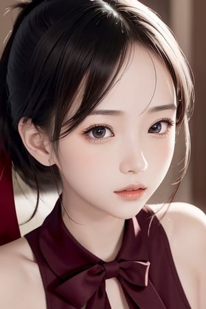 micro bikini, sexy pose, emotionless, beutiful woman, shinomiya kaguya, folded ponytail, forehead, hair ribbon, brown eyes, (red ribbon), ribbon, short hair, sidelocks, small breast ,looking at viewer, best quality, high resolution, unity 8k wallpaper, illustration, beautiful detailed eyes, extremely detailed face, perfect lighting, extremely detailed CG, perfect hands, perfect anatomy,folded ponytail, high_school_girl, mai, 1girl, face