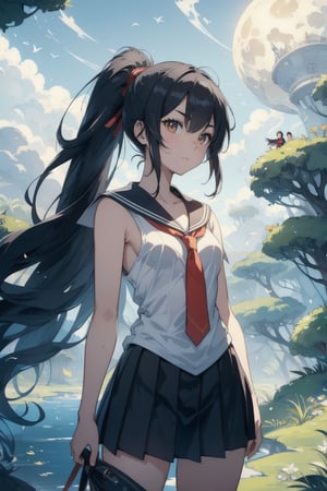 anime style beautiful woman, 1girl, (ponytail), black hair, (long hair), 
Slender, skinny, Flat Chest, small breasts, (turime), thick eyebrows, 
(school uniform), (sailor uniform), ((red sailor tie)), (white sailor blouse), sleeveless, bare shoulders, delicate and sexy collarbone, (wet), tight_clothes, 
vibrant colors, female, masterpiece, sharp focus, best quality, depth of field, cinematic lighting, ((solo, one woman )), (illustration, 8k CG, extremely detailed), ultra-detailed, high resolution, firefliesfireflies,perfect light
A steampunk astronaut explores a moon that's an impossible jungle of steam-powered machinery and lush greenery. The Earth hangs in the sky, a backdrop to this anachronistic adventure.
upper body, 