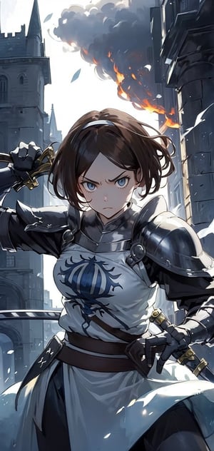 masterpiece, best quality
1girl, solo
1girl on a castle wall, medieval castle, outdoors, gloomy lighting, (afternoon:1.2), 
Remedios, short hair, hair band, brown hair, armor, serious face, looking at viewer,
fighting stance, sword, ((holding sword)), buster sword, demon monster, fire, flames, smoke,