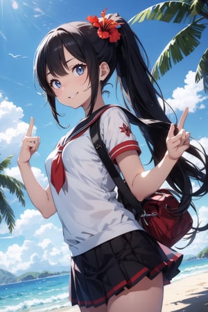 anime style beautiful woman, 1girl, (ponytail), black hair, (long hair), (face), close up,  
(((middle finger))), 
(beach), (outdoor, blue sky, beautiful fantasy tropics, sweet smile, vivid color, sunshine, flowers, hibiscus, scenery, Beautiful Beach)),  
Slender, skinny, (turime), thick eyebrows, (from below). 
(school uniform), (sailor uniform), ((red sailor tie)), (white sailor blouse), 
vibrant colors, sharp focus, best quality, depth of field, cinematic lighting, (illustration, 8k CG, extremely detailed), ultra-detailed, high resolution, firefliesfireflies, perfect light, 
stylish pose, 8k, very clear, highest quality, high resolution. best quality, illustration, sax blue, 1girl, cute, (dynamic lighting:1.2), cinematic lighting, delicate facial features, detailed eyes, sharp pupils, realistic pupils, depth of field, bokeh, sharp focus, (hyper-detailed, bloom, glow:1.4), many small gem,middle finger
