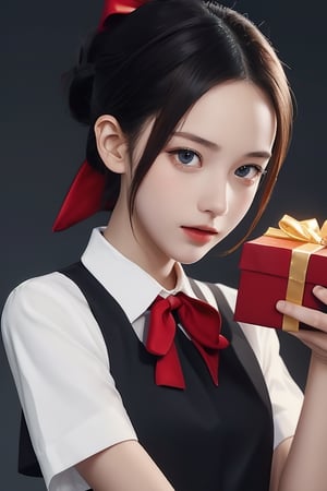 holding christmas gift, beutiful woman, shinomiya kaguya, folded ponytail, forehead, hair ribbon, brown eyes, (red ribbon), ribbon, short hair, sidelocks, small breast ,black dress, dress, pinafore dress, school uniform, shirt, short sleeves, shuuchiin academy school uniform, white shirt, looking at viewer, best quality, high resolution, unity 8k wallpaper, illustration, beautiful detailed eyes, extremely detailed face, perfect lighting, extremely detailed CG, perfect hands, perfect anatomy,folded ponytail, high_school_girl, mai, 1girl,Santa Claus