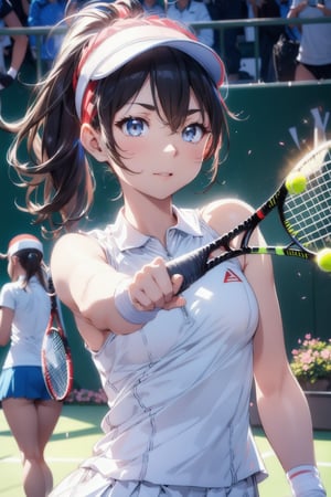 Paris Olympics, (((tennis))), (white, red, blue, tricolor color), 
visor cap, white dress, short dress, sleeveless, wristband, tennis uniform, (one tennis racket),  
anime style beautiful woman, 1girl, (ponytail), black hair, (long hair), 

Slender, skinny, (turime), thick eyebrows, 

vibrant colors, sharp focus, best quality, depth of field, cinematic lighting, (illustration, 8k CG, extremely detailed), ultra-detailed, high resolution, firefliesfireflies, perfect light, 
stylish pose, 8k, very clear, highest quality, high resolution. best quality, illustration, sax blue, 1girl, cute, (dynamic lighting:1.2), cinematic lighting, delicate facial features, detailed eyes, sharp pupils, realistic pupils, depth of field, bokeh, sharp focus, (hyper-detailed, bloom, glow:1.4), many small gems