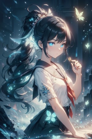 anime style beautiful woman, 1girl, (ponytail), black hair, (long hair), (((sad))), 
Slender, skinny, (turime), thick eyebrows, 
(school uniform), (sailor uniform), ((red sailor tie)), (white sailor blouse), 
((Gorgeous fantasy masterpiece in dark color tone)), 
vibrant colors, sharp focus, best quality, depth of field, cinematic lighting, (illustration, 8k CG, extremely detailed), ultra-detailed, high resolution, firefliesfireflies, perfect light, 
stylish pose, 8k, very clear, highest quality, high resolution. best quality, illustration, sax blue, 1girl, cute, (dynamic lighting:1.2), cinematic lighting, delicate facial features, detailed eyes, sharp pupils, realistic pupils, depth of field, bokeh, sharp focus, (hyper-detailed, bloom, glow:1.4), many small gems,leviathandef,dragonbaby,nodf_lora,MONOCHROME GLOWING,CelticLandStyle
