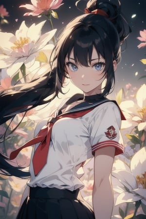 anime style beautiful woman, 1girl, (ponytail), black hair, (long hair), (smile),
Slender, skinny, Flat Chest, small breasts, (turime), thick eyebrows, 
(school uniform), (sailor uniform), ((red sailor tie)), (white sailor blouse), 
vibrant colors, sharp focus, best quality, depth of field, cinematic lighting, (illustration, 8k CG, extremely detailed), ultra-detailed, high resolution, firefliesfireflies, perfect light, 
stylish pose, 8k, very clear, highest quality, high resolution. best quality, illustration, sax blue, 1girl, cute, (dynamic lighting:1.2), cinematic lighting, delicate facial features, detailed eyes, sharp pupils, realistic pupils, depth of field, bokeh, sharp focus, (hyper-detailed, bloom, glow:1.4), many small gems,Magic Forest, 