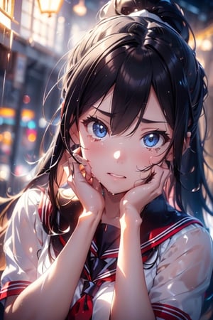 anime style beautiful woman, 1girl, (ponytail), black hair, (long hair),  (sad), (cry), tears, teeth, ((face)), (close up), (((hands on her face))), 
Slender, skinny, Flat Chest, small breasts, (turime), thick eyebrows, 
(school uniform), (sailor uniform), ((red sailor tie)), (white sailor blouse), sleeveless, bare shoulders, delicate and sexy collarbone, (wet), rain, tight_clothes, 
simple background, 
8k, very clear, looking at viewer, simple background, solo, highest quality, high resolution. best quality, illustration, sax blue, 1girl, cute, (dynamic lighting:1.4), cinematic lighting, delicate facial features, detailed eyes, sharp pupils, realistic pupils, depth of field, bokeh, sharp focus, (hyper-detailed, bloom, glow:1.4), many small gems, 