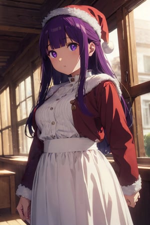 Fern, 1 girl, petite, wear Santa Claus hat, solo, purple hair, long hair, purple eyes, blunt bangs, sidelocks, half updo, bright pupils, hair ornament, frilled collar, white dress, center frills, long sleeves, long skirt, curvy, cowboy shot, Exquisite visuals, high-definition, masterpiece, best quality, 20yo, Young female, Beautiful Finger, Beautiful long legs, Beautiful body, Beautiful Nose, Beautiful character design, perfect eyes, perfect face, expressive eyes, 
 looking at viewer, official art, extremely detailed CG unity 8k wallpaper, perfect lighting,Colorful, Bright_Front_face_Lighting, shiny skin, (masterpiece:1.0), (best_quality:1.0), ultra high res, 4K, ultra-detailed, photography, 8K, HDR, highres, absurdres, Kodak portra 400, film grain, blurry background, bokeh lens flare, vibrant_color, beautiful_face, ,Santa Claus, indoors, christmas party, christmas gifts