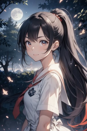 anime style beautiful woman, 1girl, (ponytail), black hair, (long hair), 
Slender, skinny, (turime), thick eyebrows, 
(school uniform), (sailor uniform), ((red sailor tie)), (white sailor blouse), 

hot spa, fantasy, (nature:1.3), (moon:1.4), rock, fog, 1girl, solo, smile, towel, close-up, 
vibrant colors, sharp focus, best quality, depth of field, cinematic lighting, (illustration, 8k CG, extremely detailed), ultra-detailed, high resolution, firefliesfireflies, perfect light, 
stylish pose, 8k, very clear, highest quality, high resolution. best quality, illustration, sax blue, 1girl, cute, (dynamic lighting:1.2), cinematic lighting, delicate facial features, detailed eyes, sharp pupils, realistic pupils, depth of field, bokeh, sharp focus, (hyper-detailed, bloom, glow:1.4), many small gem