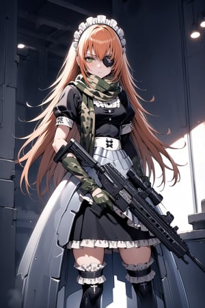 score_9, score_8_up, score_7_up, score_6_up, rating_explicit, masterpiece, best quality, beautiful lighting, 
1girl, solo, cz2128_delta \(overlord\), long hair, orange hair, green eyes, eyepatch,
maid, dress, maid headdress, camouflage, green scarf, gloves, boots, 

(holding large assault rifle:1.3), serious face, looking at viewer, 