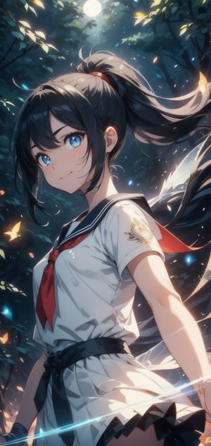 anime style beautiful woman, 1girl, (ponytail), black hair, (long hair), (smile), Magic Forest, Night sky, moon, fireflies, ((waterfalls)), magic elves, upper body, arms up, 
Slender, skinny, Flat Chest, small breasts, (turime), thick eyebrows, 
(school uniform), (sailor uniform), ((red sailor tie)), (white sailor blouse), 
vibrant colors, sharp focus, best quality, depth of field, cinematic lighting, (illustration, 8k CG, extremely detailed), ultra-detailed, high resolution, firefliesfireflies, perfect light, 
stylish pose, 8k, very clear, highest quality, high resolution. best quality, illustration, sax blue, 1girl, cute, (dynamic lighting:1.2), cinematic lighting, delicate facial features, detailed eyes, sharp pupils, realistic pupils, depth of field, bokeh, sharp focus, (hyper-detailed, bloom, glow:1.4), many small gems,Magic Forest