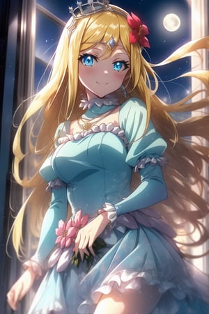 score_9, score_8_up, score_7_up, source_anime, rennertheierechardelonrylevaiself, , renner theiere chardelon ryle vaiself, long hair, blue eyes, blonde hair, hair ornament, very long hair, flower, hair flower, light smile, too much blushing, long sleeves, dress, jewelry, puffy sleeves, necklace, blue dress, crown, princess, frills, indoors, night, night sky, moonlight, moon, curtains, window, looking at viewer, cowboy shot, dutch angle, upper body, darkness, night, (((FULL MOON))), big moon,  