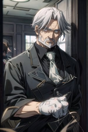 Sebas Tian, 1boy 50yo old man, hair_slicked silverglay hair glaybeard glay mustache glay facial hair curtained hair, glay eyes, stocky muscular, tall person, black suit black collared shirt glay necktie, (white glove), 
Aristocratic mansion, 
