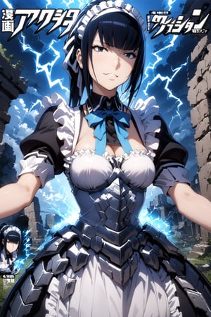 magazine, magazin cover,1girl, masterpiece, best quality, very aesthetic, absurdres,narberal gamma \(overlord\), black hair, evil grin, white maid headband, black eyes, slim body, spread arms, 
ribbon, bow, maid, apron, armored dress, gloves, magic chanting, (((lightning))), (((blue aura))), Ancient ruins, night, (floating in the air), sky, front view, from below, face, close up.