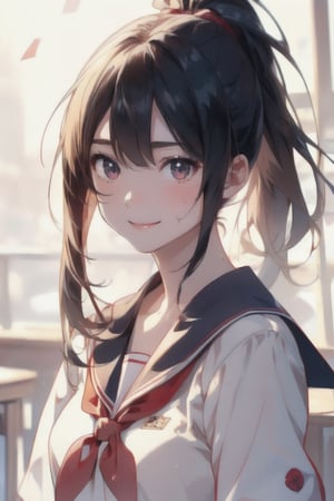 anime style beautiful woman, 1girl, (ponytail), black hair, (long hair), 
(smile), 
Slender, skinny, (turime), thick eyebrows, 
(school uniform), (sailor uniform), ((red sailor tie)), (white sailor blouse), 
beautiful woman, highest quality, high resolution, best quality, highest quality, high resolution, 18-year-old girl, light smile, perfect shiny skin, fair skin, flawless skin, solo, sweat, simple_background, RAW photo, highest quality, High detail RAW color photo professional photo, realistic, photo realism, highest quality, best shadow, best illustration, ultra high resolution, highly detailed CG unified 8K wallpapers, physics-based rendering, depth of field, cinematic lighting, 8k, 16k