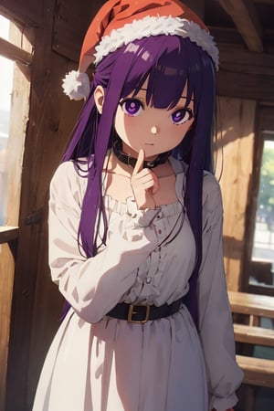 Fern, 1 girl, petite, wear Santa Claus hat, solo, purple hair, long hair, purple eyes, blunt bangs, sidelocks, half updo, bright pupils, hair ornament, frilled collar, white dress, center frills, long sleeves, long skirt, curvy, cowboy shot, Exquisite visuals, high-definition, masterpiece, best quality, 20yo, Young female, Beautiful Finger, Beautiful long legs, Beautiful body, Beautiful Nose, Beautiful character design, perfect eyes, perfect face, expressive eyes, 
 looking at viewer, official art, extremely detailed CG unity 8k wallpaper, perfect lighting,Colorful, Bright_Front_face_Lighting, shiny skin, (masterpiece:1.0), (best_quality:1.0), ultra high res, 4K, ultra-detailed, photography, 8K, HDR, highres, absurdres, Kodak portra 400, film grain, blurry background, bokeh lens flare, vibrant_color, beautiful_face, ,Santa Claus