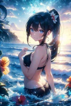 anime style beautiful woman, 1girl, (ponytail), black hair, (long hair), (smile), (beach), (outdoor, blue sky, beautiful fantasy tropics, sweet smile, vivid color, sunshine, flowers, hibiscus, scenery, Beautiful Beach)),  
Slender, skinny, (turime), thick eyebrows, 
white bikini, 
vibrant colors, sharp focus, best quality, depth of field, cinematic lighting, (illustration, 8k CG, extremely detailed), ultra-detailed, high resolution, firefliesfireflies, perfect light, 
stylish pose, 8k, very clear, highest quality, high resolution. best quality, illustration, sax blue, 1girl, cute, (dynamic lighting:1.2), cinematic lighting, delicate facial features, detailed eyes, sharp pupils, realistic pupils, depth of field, bokeh, sharp focus, (hyper-detailed, bloom, glow:1.4), many small gems,Beautiful Beach,watercolor,DonMSn0wM4g1c,breakdomain
