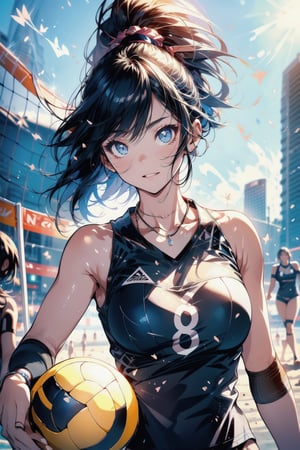 Paris Olympics, (((beach volleyball)))
anime style beautiful woman, 1girl, (ponytail), black hair, (long hair), 
Slender, skinny, (turime), thick eyebrows, 
volleyball uniform, (wet), tight_clothes, 
Olympic Stadium, ((beach)), sand, valleyball net, 
vibrant colors, sharp focus, best quality, depth of field, cinematic lighting, (illustration, 8k CG, extremely detailed), ultra-detailed, high resolution, firefliesfireflies, perfect light, 
8k, very clear, highest quality, high resolution. best quality, illustration, sax blue, 1girl, cute, (dynamic lighting:1.2), cinematic lighting, delicate facial features, detailed eyes, sharp pupils, realistic pupils, depth of field, bokeh, sharp focus, (hyper-detailed, bloom, glow:1.4), many small gems,girl,Midjourney,volleyball uniform