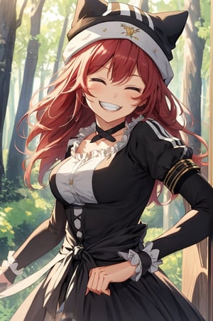 upusregina beta, evil grin, laughing, one eye closed, look upward, outdoors, forest, trees, BETA, masterpiece, best quality, high quality, highres, absurdres, 1girl, solo, animal hat, anime coloring, maid, puffy short sleeves, black headwear, collarbone, parody, official style, black choker, alternate costume, bridal gauntlets, black dress, white shirt, ess, dress, frills, long sleeves, maid, maid headdress, puffy sleeves, looking at viewer, masterpiece, best quality, high resolution, l

