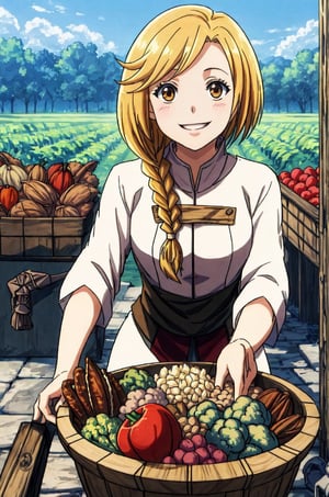 ((Bounty, harvest)), ((surrounded by nuts, Vegetables, Grains, dried meat)), Enri Emmot, beutiful woman, 1girl, solo, smile, score_9, score_8_up, score_7_up, source_anime, best quality, masterpiece, 1girl, enri emmot, overlord, brown eyes, blonde hair, facing viewer, beautiful lighting, side plait, plaited hair, smile, outdoors, field, clear sky, dress, very aesthetic, anime screencap,