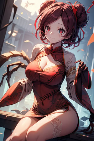 Entoma Vasilissa Zeta, girl, burgundy hair, short hair, twin buns, insect antennae, porcelain face, red-black eyes, black eyes scars
Slender, skinny, chinese dress, maid hairband,
(masterpiece), (best quality), 8k illustration,
solo,1girl, maid dress, maid uniform, red theme, red outfit, red uniform, Chinese dress, Chinese theme outfit, Chinese pattern outfit, thick scar on her face, thick scar on her skin, Chinese hair ornament, Slender, skinny, flat chest, 
sleeves, large sleeves, (((China dress, huge sleeves, sleeves hide hands))), no hands,  looking at viewer, upper body,
light,detail,atmosphere,effects,color, ((gigantic spider shadow behind)), 
darkness, night, (sitting)